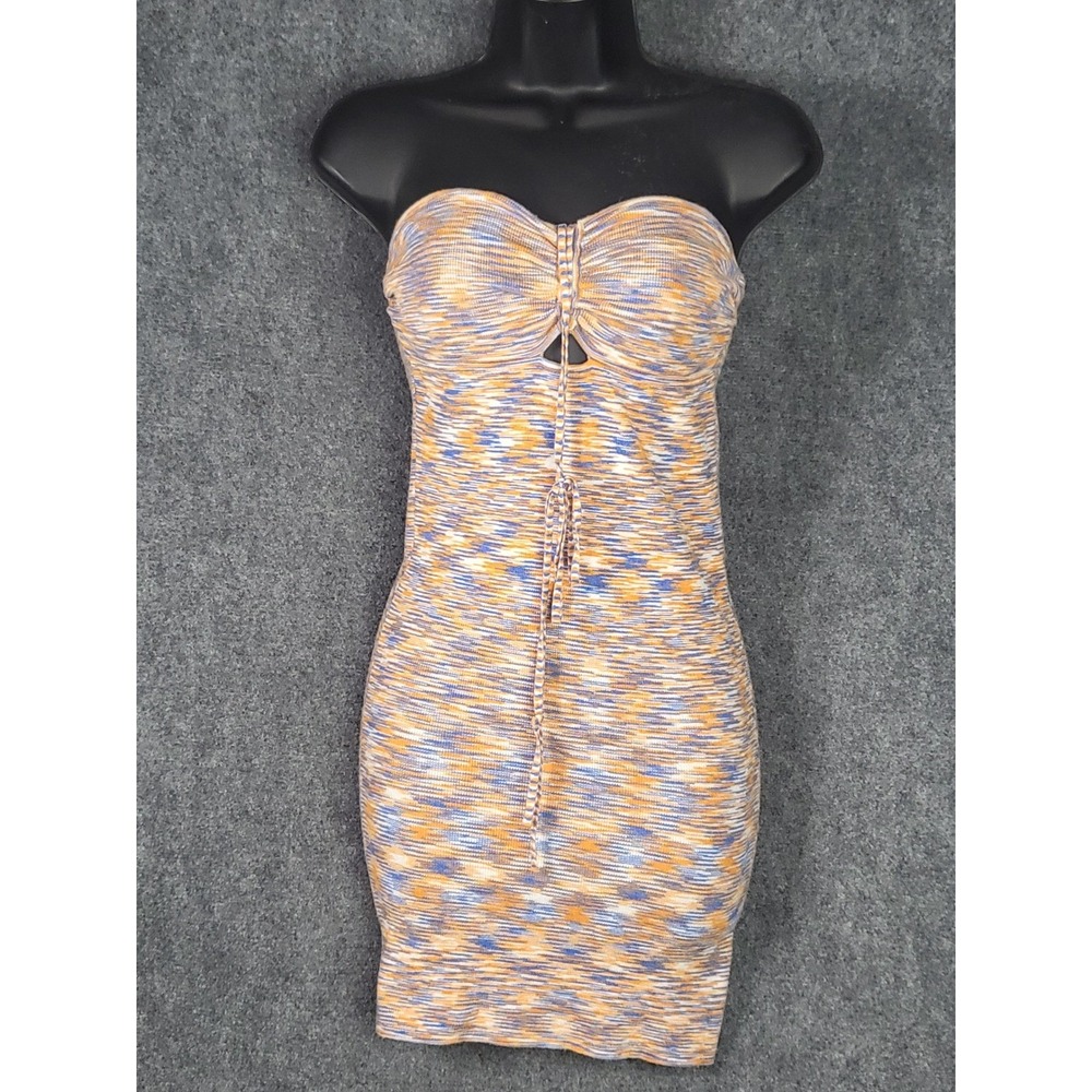 American Eagle Strapless Mini Dress Blue Orange Pattern Drawstring Bodycon Boho‎